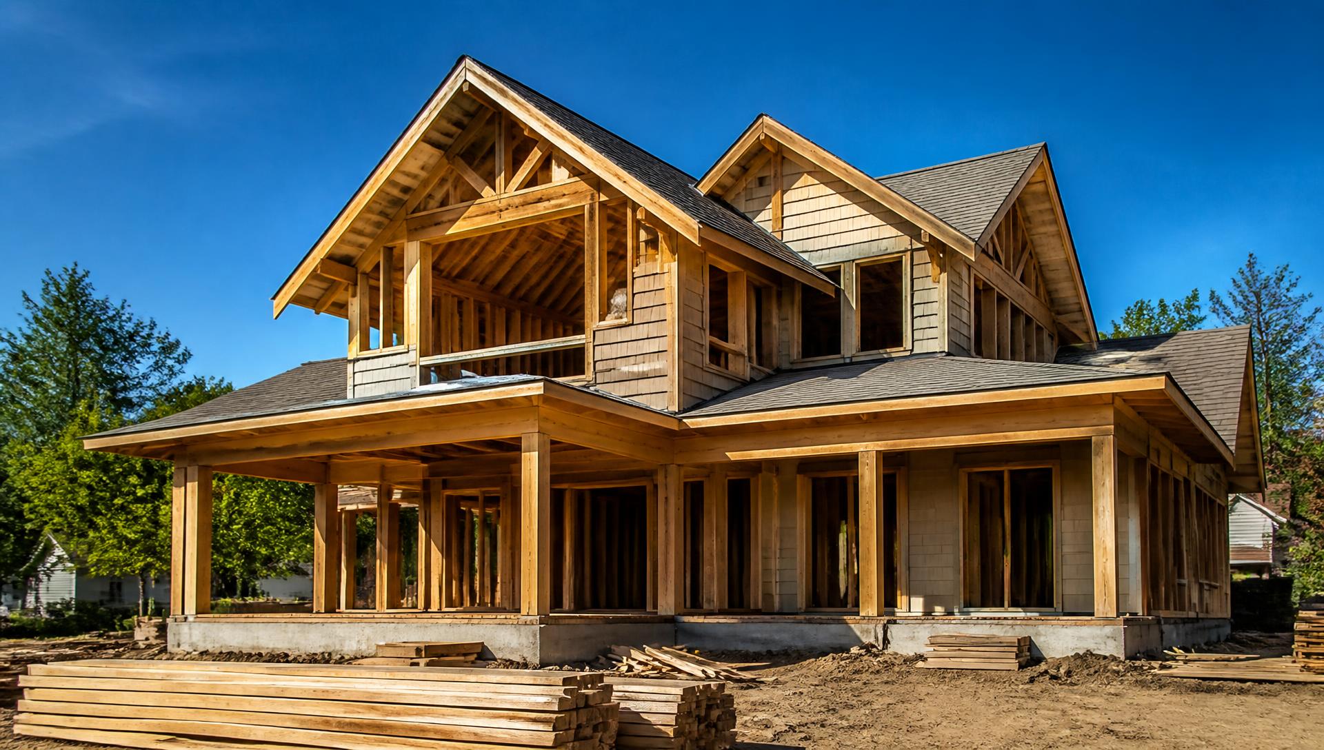 Craftsman home under construction with exposed timber framing